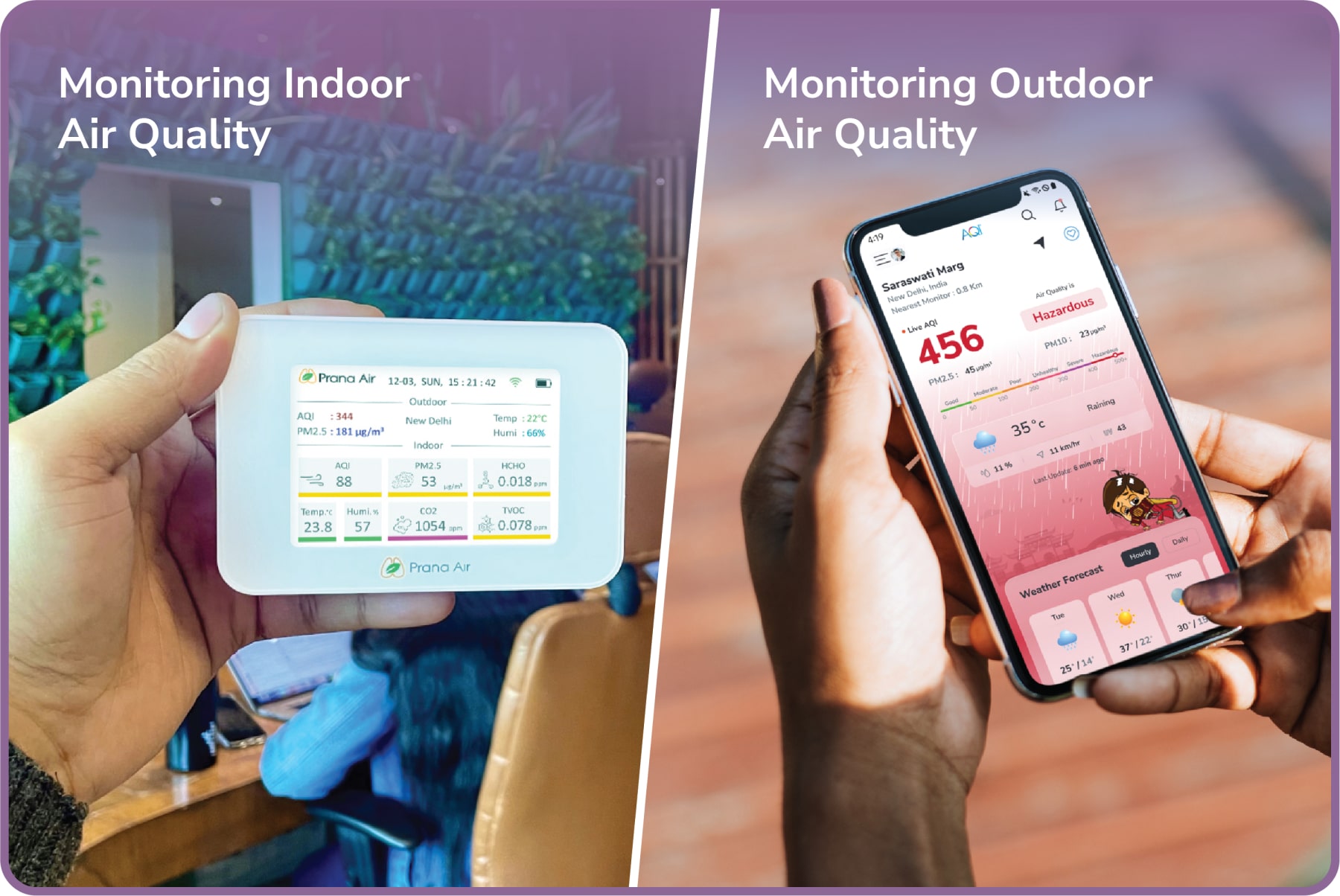 Monitoreo de la calidad del aire interior con monitor y verificación de la calidad del aire exterior.