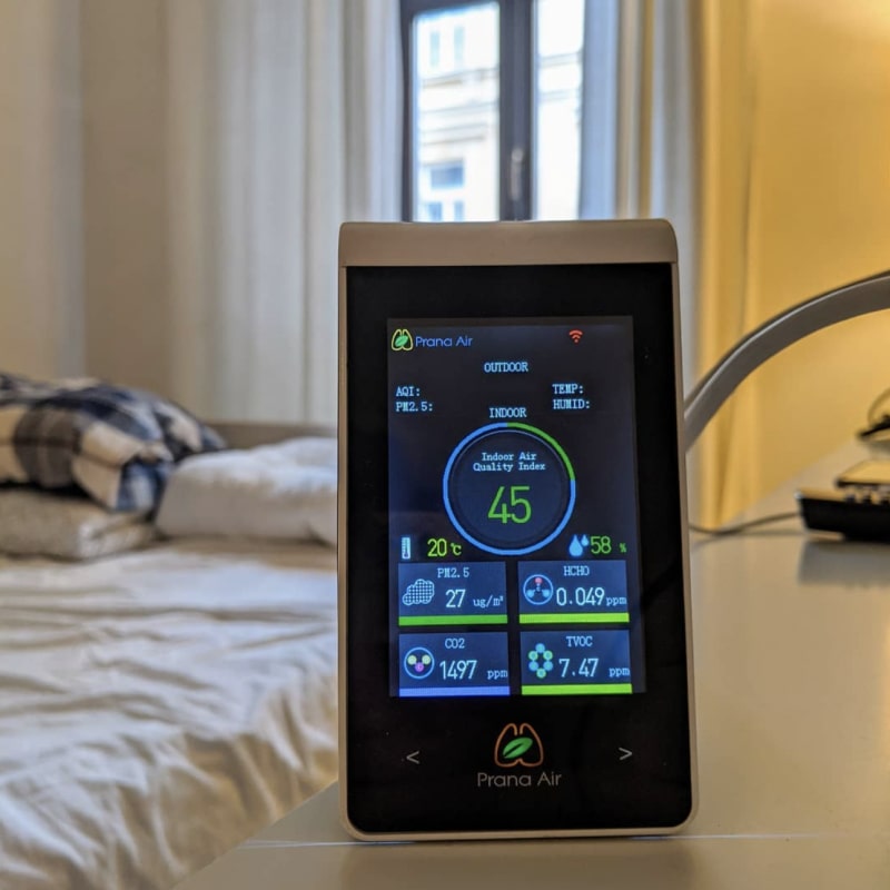 Real-time readings on an indoor air quality monitor in a room