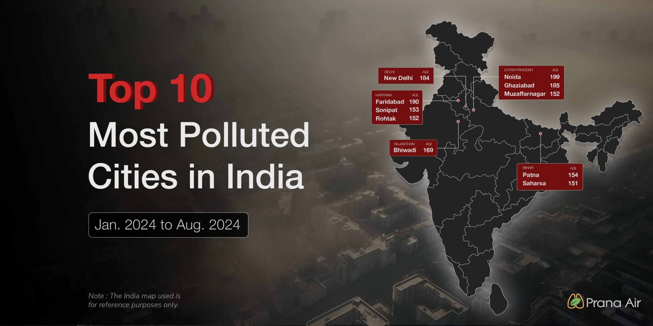 top 10 most polluted cities in India 2024 in Indian map